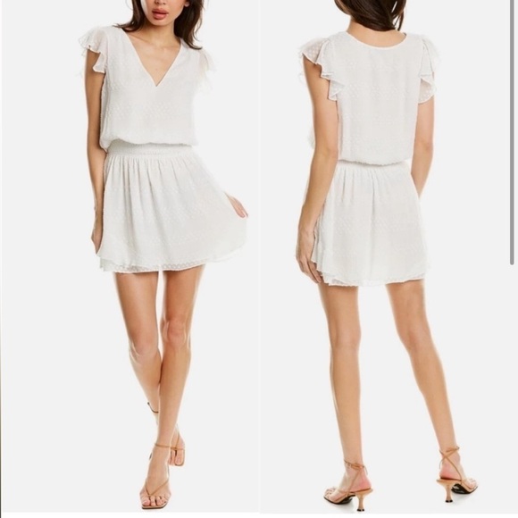 NWT! Ramy Brook Ruffled Clip Dot Mini V-neck Simona Dress in White 🤍 Small - Picture 1 of 5